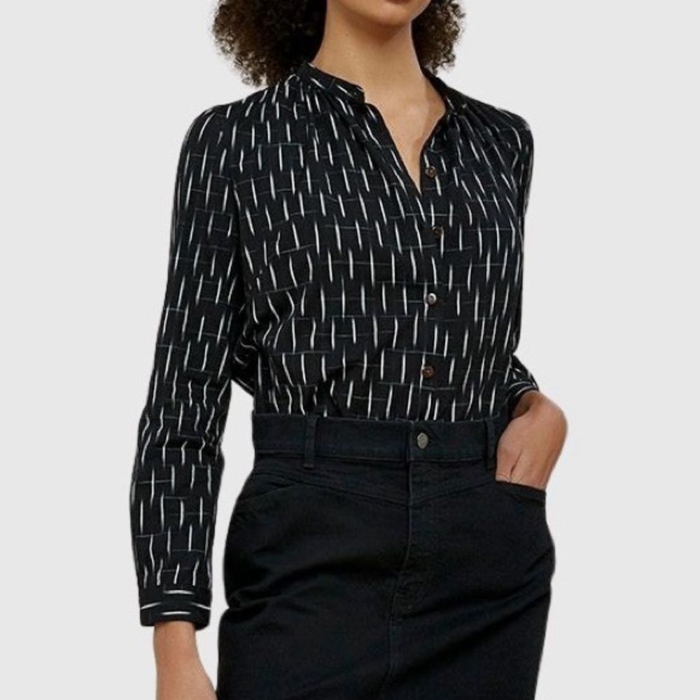 People Tree 100% Organic Cotton Kiara Ikat Blouse Black White Size 8 US